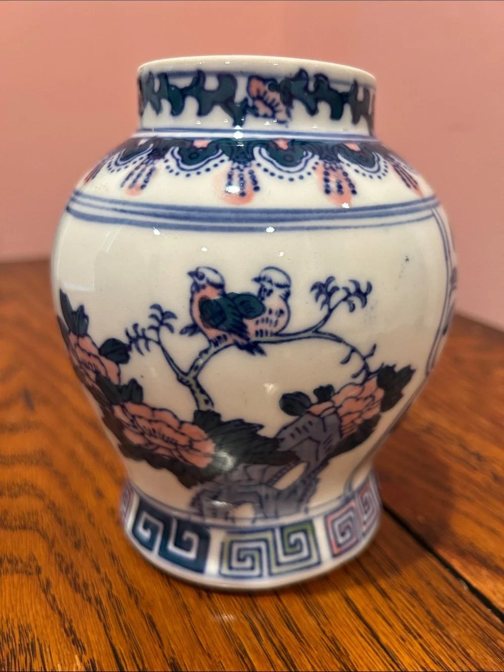 Hand-Painted Ceramic Vase - Blue and Pink Floral Design